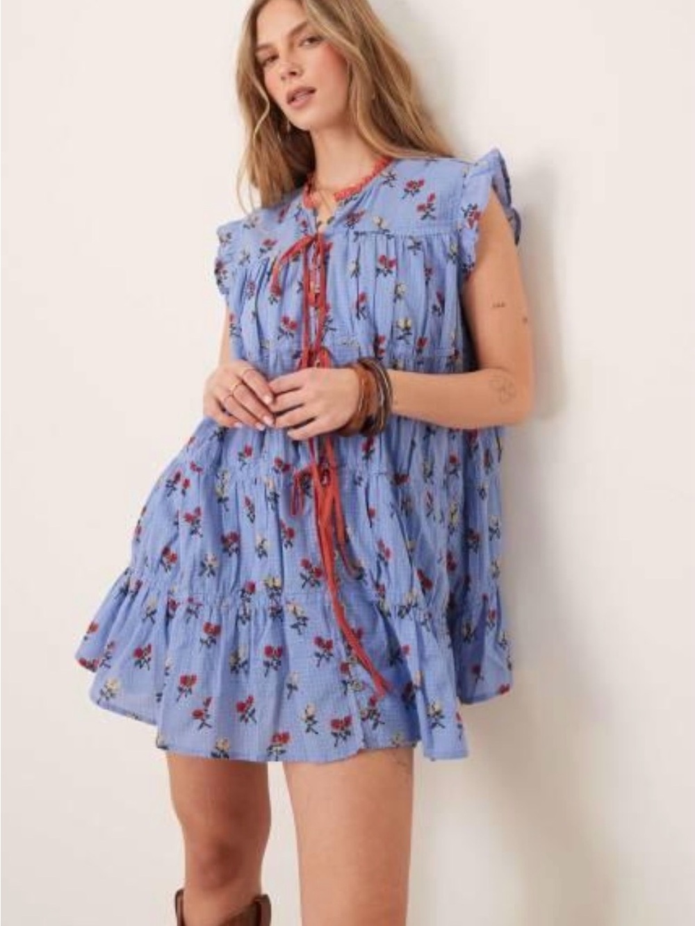 Free People Blue Floral Tiered Babydoll Mini Dress Size Small Boho Ruffle